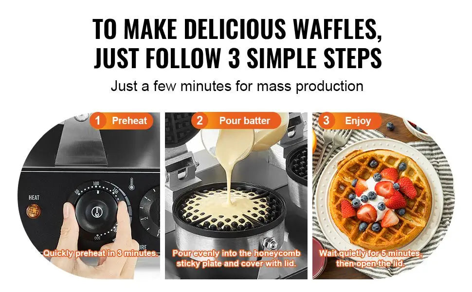 Commercial Waffle Maker Double Head Waffle Iron Machine 110V 2460W Nonstick Muffins Baking Machine, Adjustable Temperature