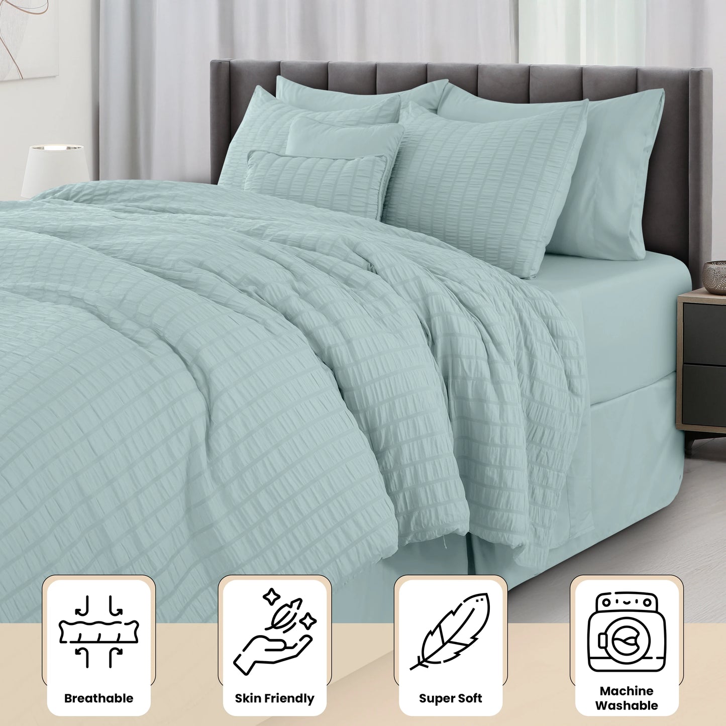 Luxury 10-Piece Comforter Bedding Set .Soft Seersucker Bed in a Bag Collection