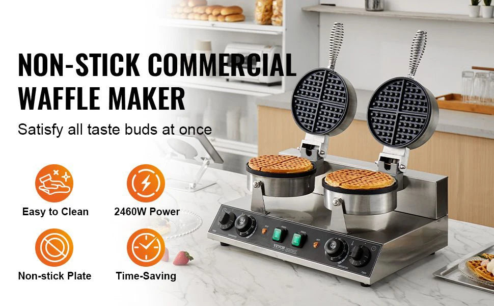 Commercial Waffle Maker Double Head Waffle Iron Machine 110V 2460W Nonstick Muffins Baking Machine, Adjustable Temperature