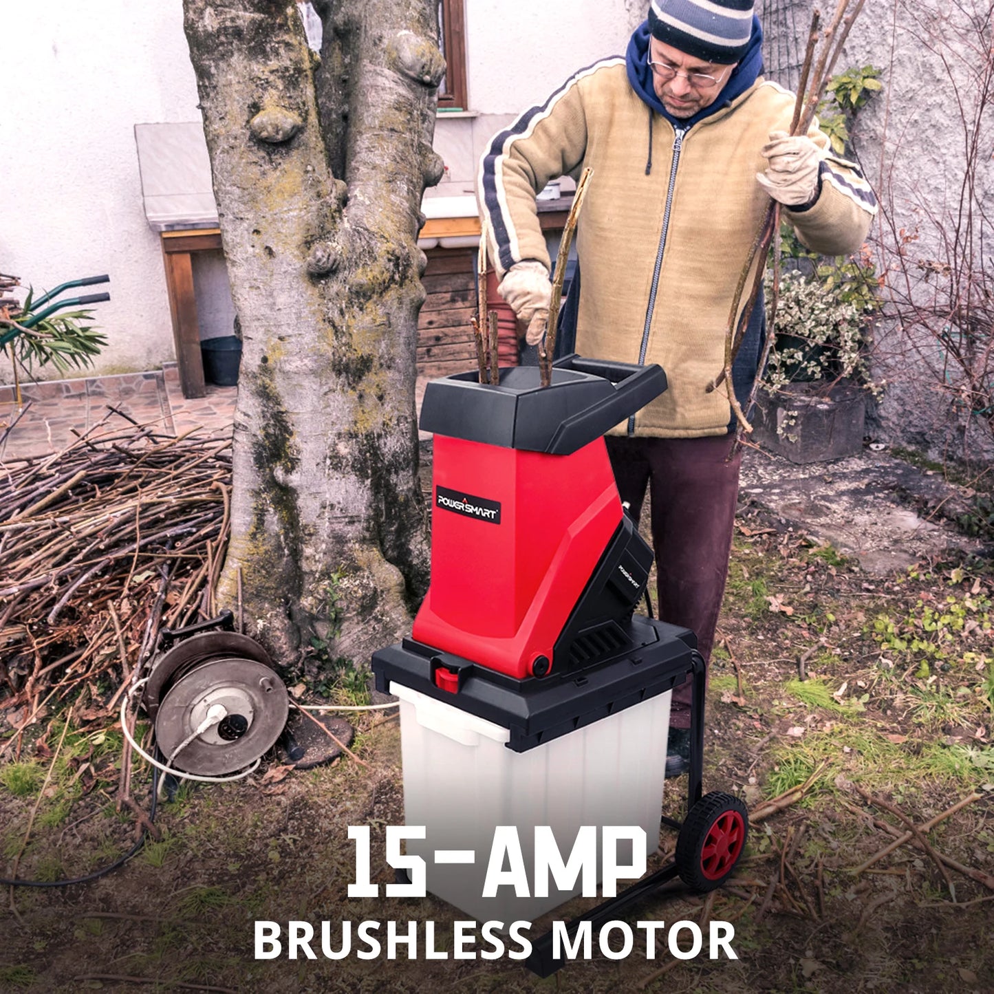 15-Amp Electric Wood Chipper & Leaf Mulcher with Collection Bag