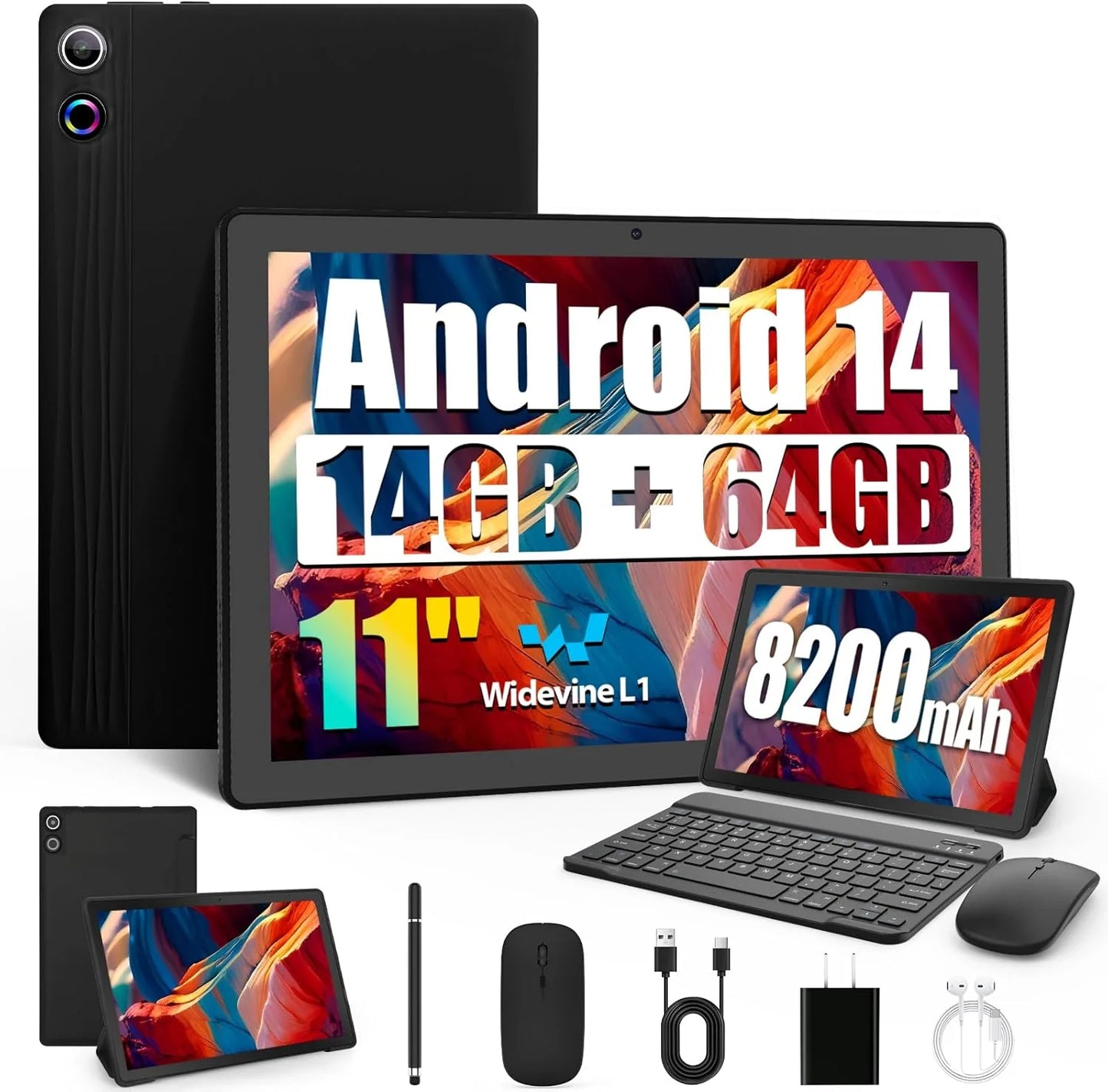 BESTSKI 11 inch Tablet Android 14 Octa-Core, 14GB RAM+64GB ROM (TF 1TB), 8200mAh, Widevine L1, WiFi 6, 8 in 1 Tablet with Set