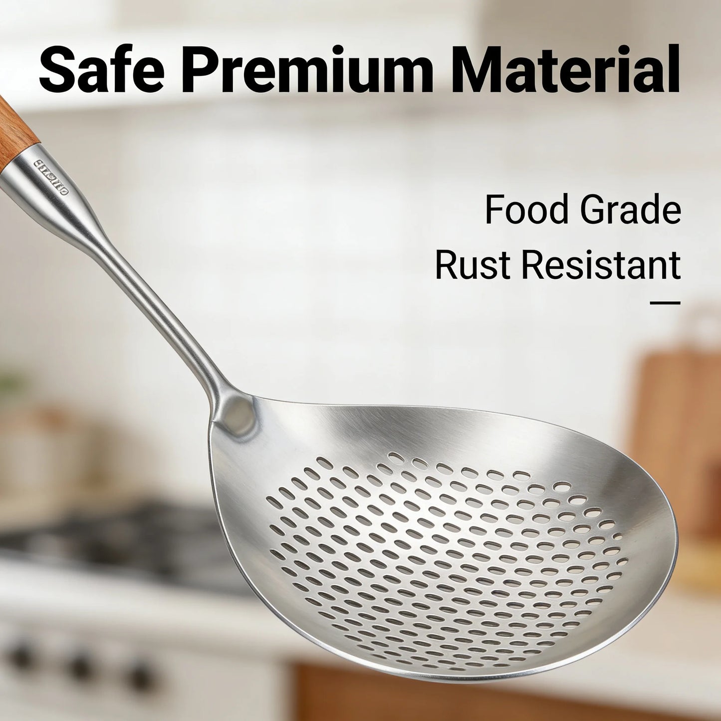 Stainless Steel Slotted Spoon with Wooden Handle Heat Resistant Cooking Utensil