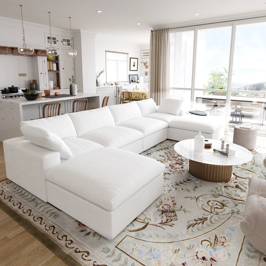 Modular Convertible Cloud Couch 6-Seats U-Shaped Couches Comfy Down Filled Sectional Sofa With Ottomans Removable Cushion Covers