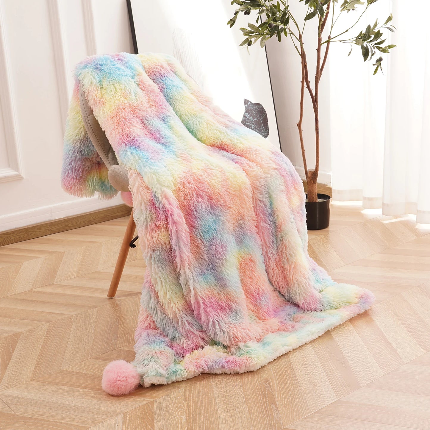 Soft Rainbow Fluffy Plush Blanket Bedspread For Home Use