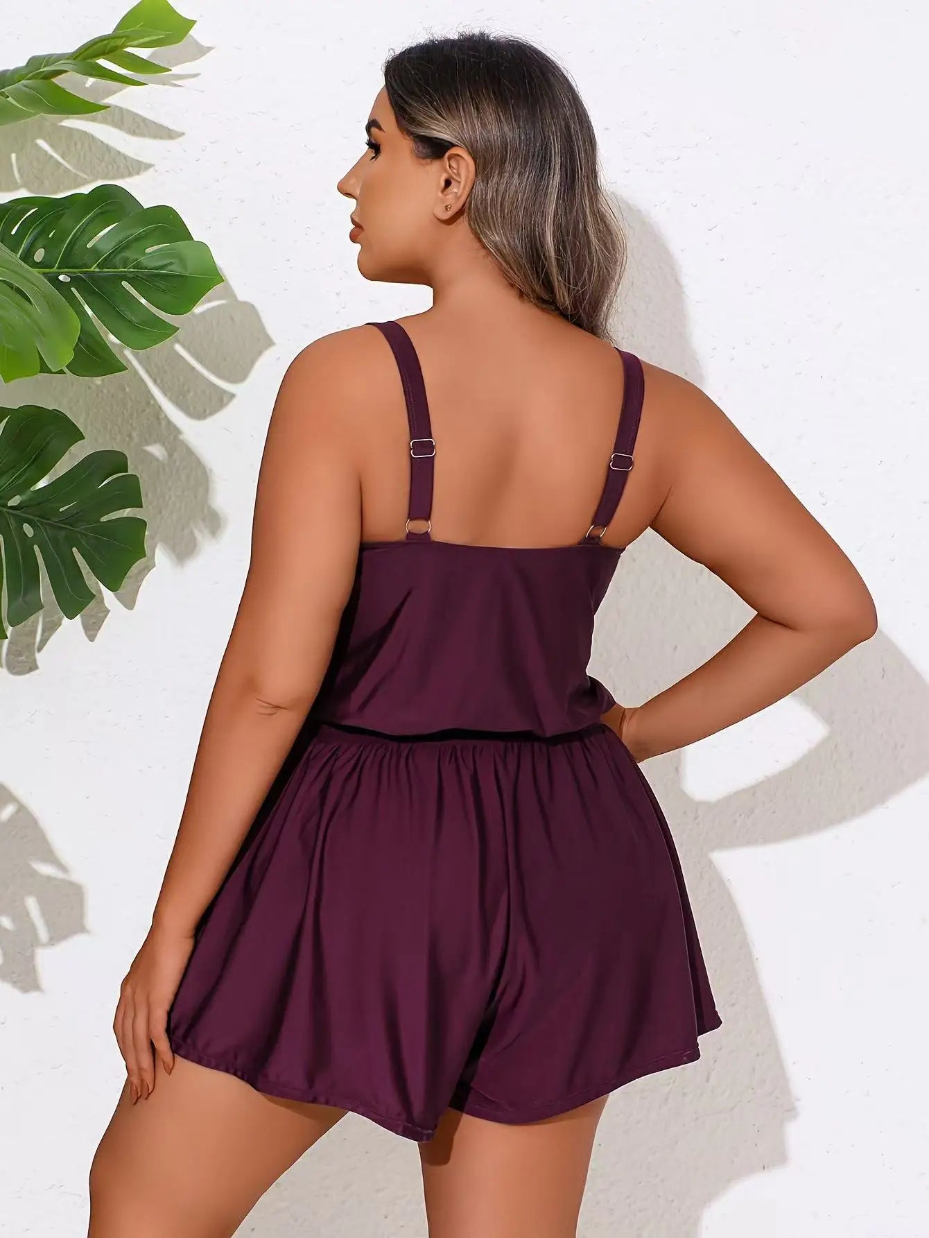 Plus Size One-Piece Romper Swimsuit with Adjustable Straps