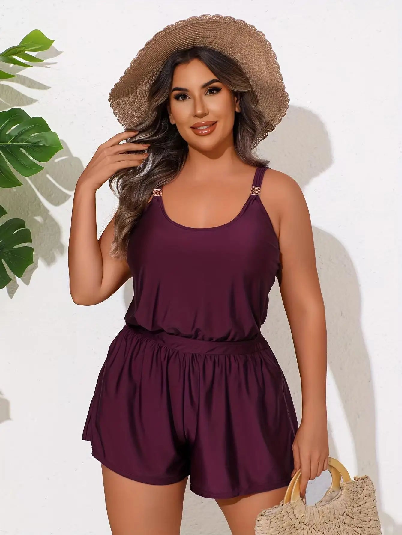Plus Size One-Piece Romper Swimsuit with Adjustable Straps