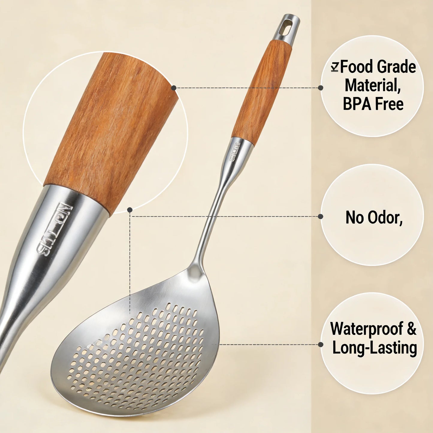 Stainless Steel Slotted Spoon with Wooden Handle Heat Resistant Cooking Utensil