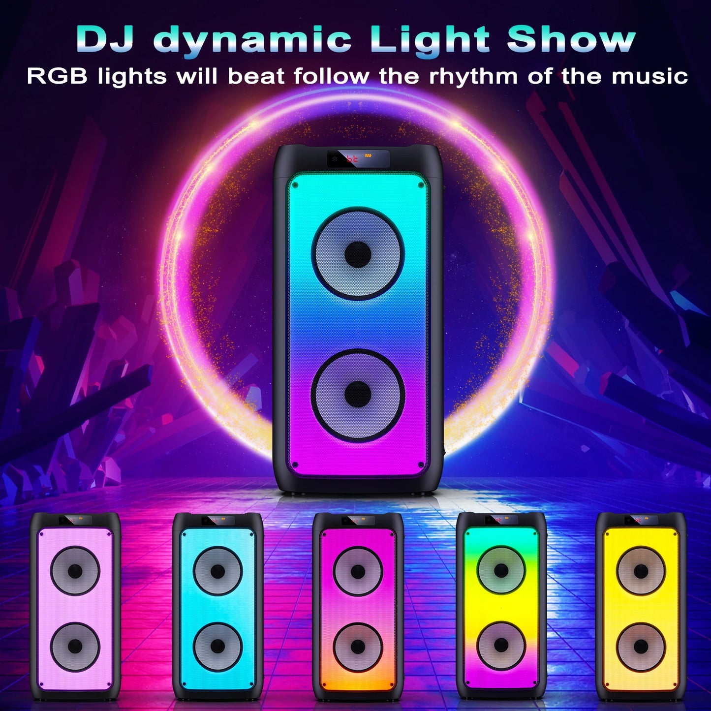 Portable Wireless Bluetooth Karaoke Speaker with 2 Microphones, RGB Lights & Deep Bass Sound System