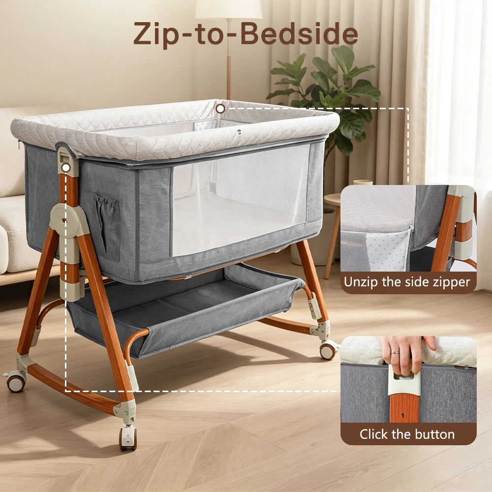 3-in-1 Baby Bedside Sleeper Bassinet with Storage Basket, Adjustable Newborn Co-Sleeper Crib