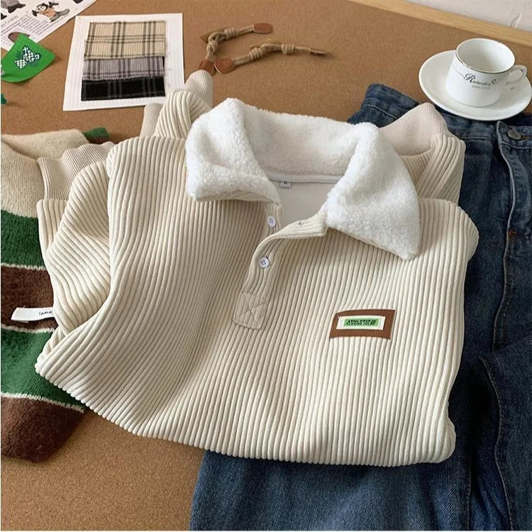 2024 Corduroy Polo Collar Sweater - Thickened Lambwool Pullover for Couples - Loose and Comfortable Casual Wear for Autumn and W