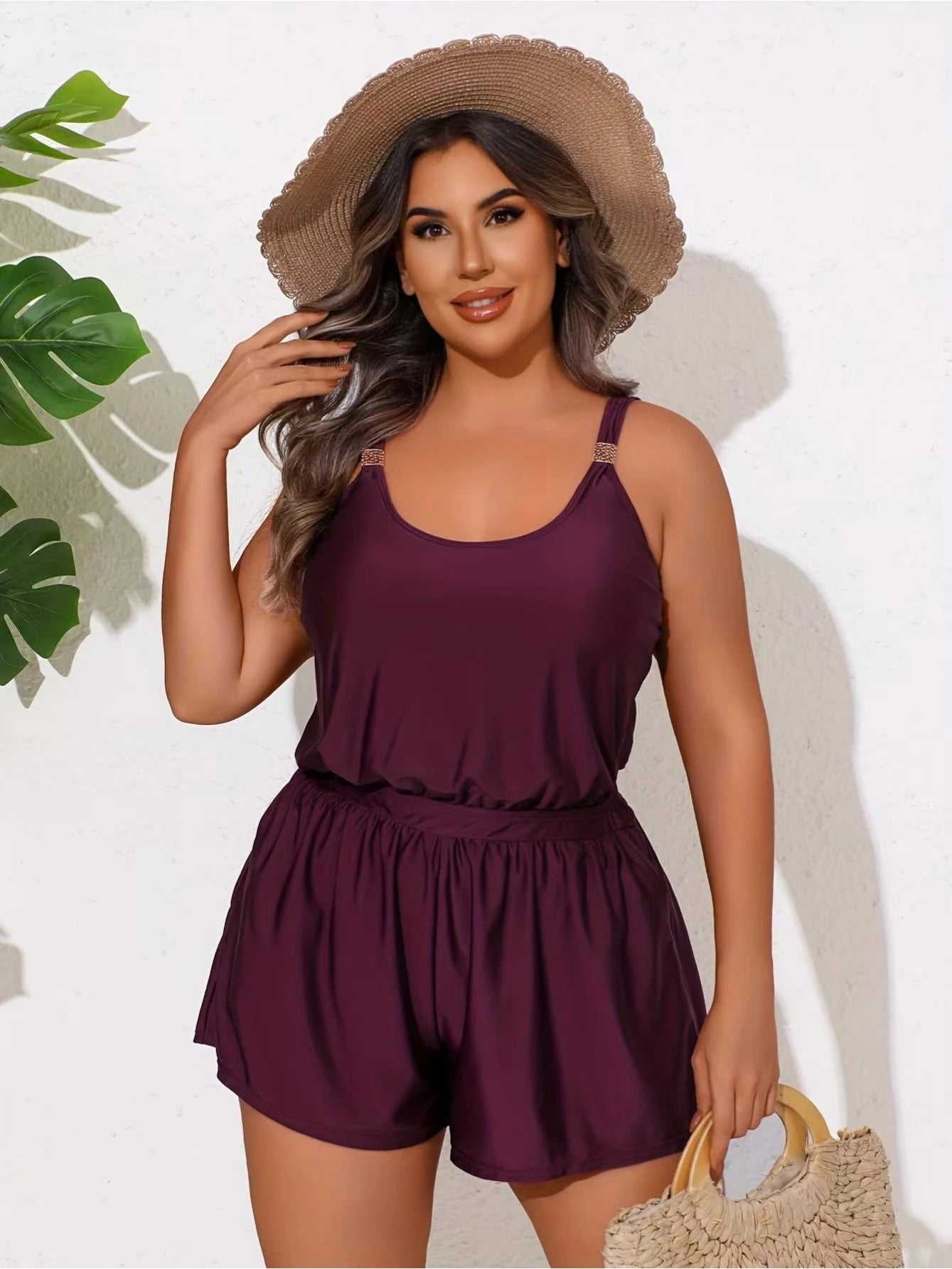 Plus Size One-Piece Romper Swimsuit with Adjustable Straps