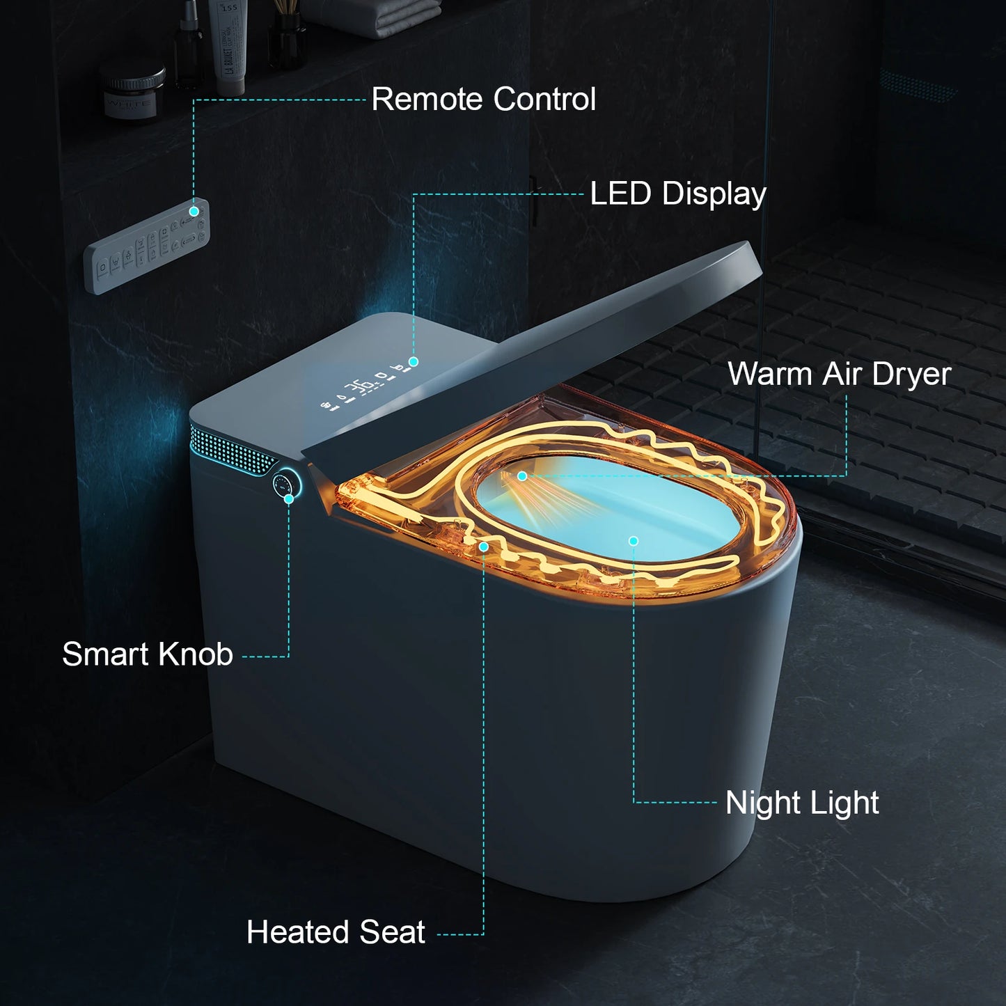 Smart One-Piece Toilet with Built-In Bidet, Auto Flush & Heated Seat .Modern Luxury Bathroom Upgrade