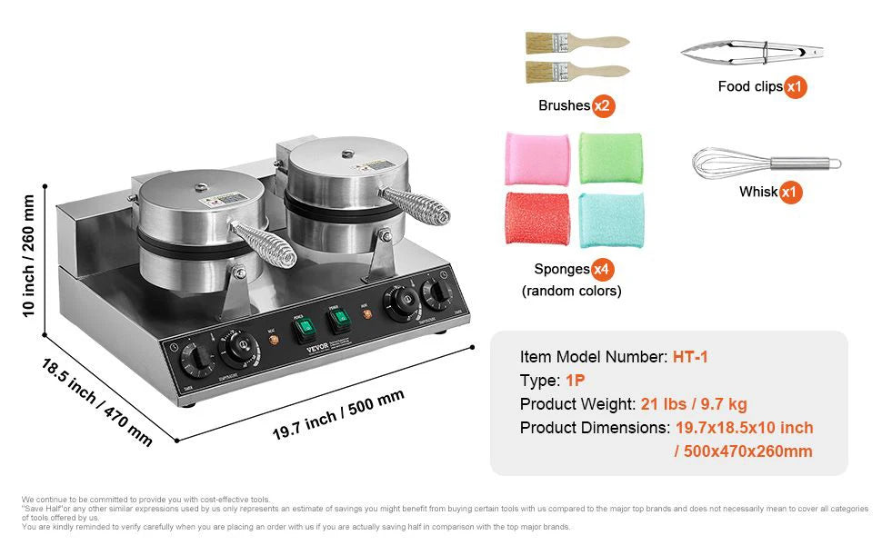 Commercial Waffle Maker Double Head Waffle Iron Machine 110V 2460W Nonstick Muffins Baking Machine, Adjustable Temperature