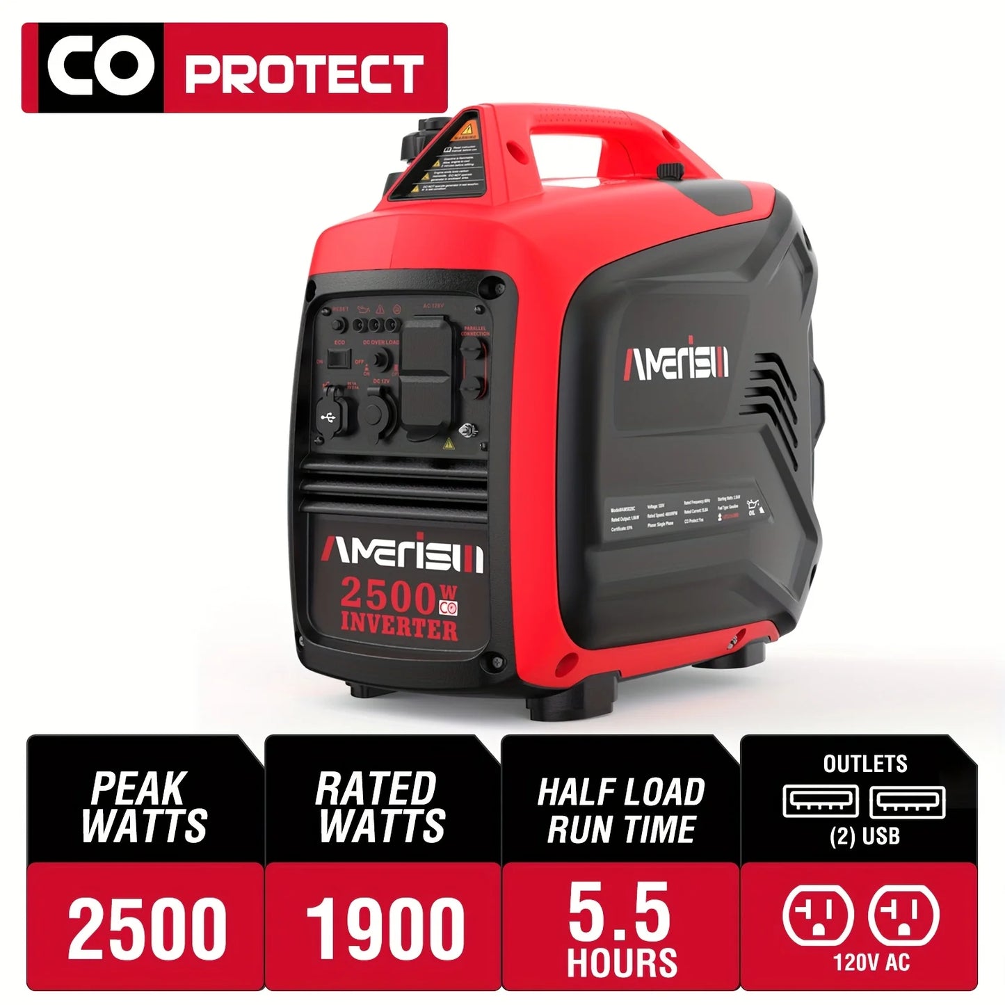 Super Quiet 2500/3800/5000-Watt Gas Powered Portable Inverter Generator with CO Sensor - Ideal for Home Use, Camping, and Outdoo