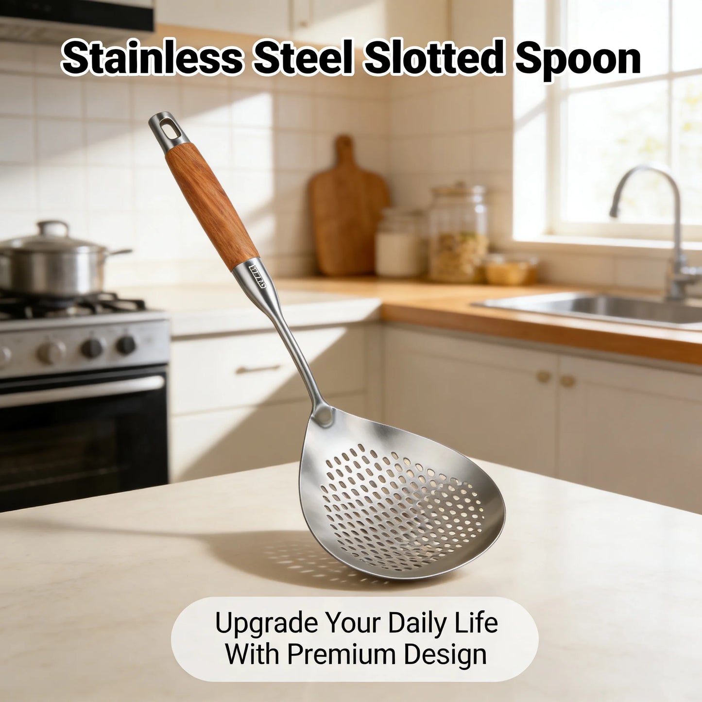 Stainless Steel Slotted Spoon with Wooden Handle Heat Resistant Cooking Utensil