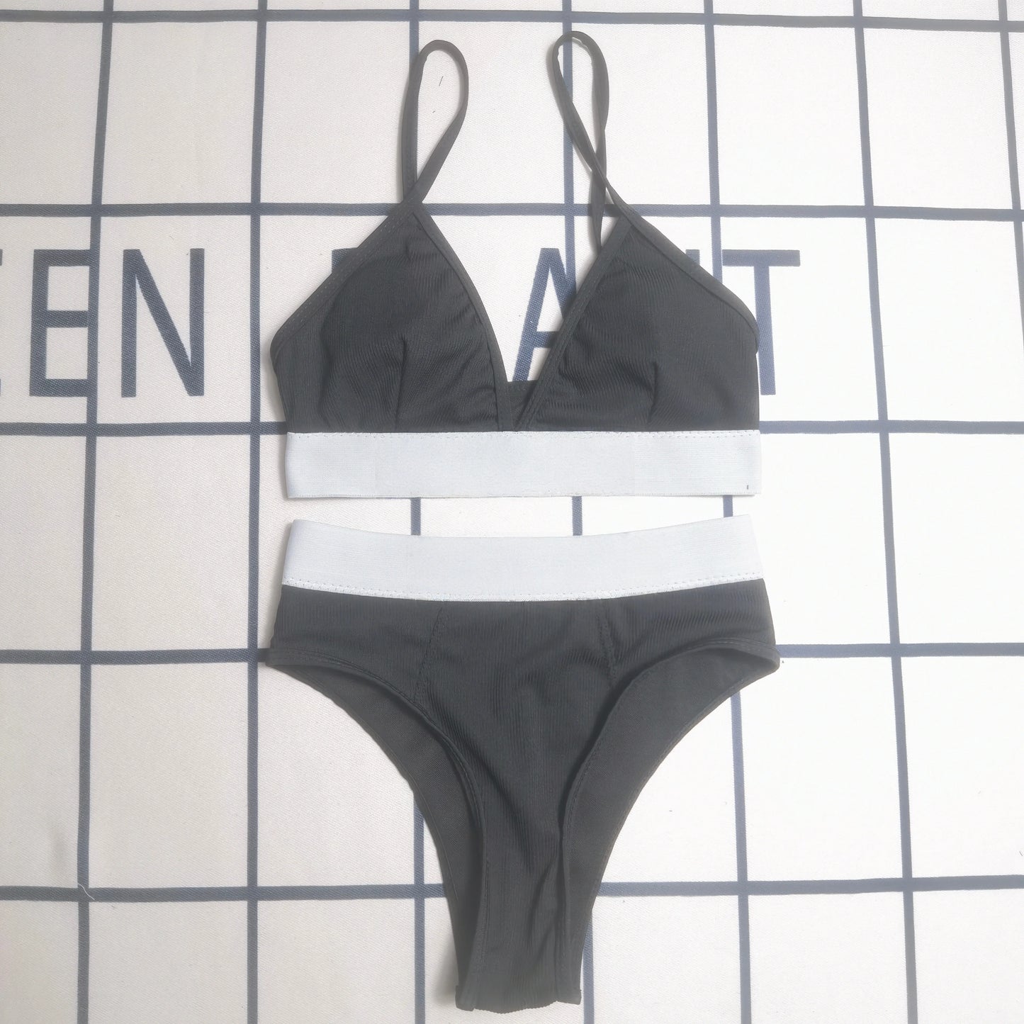 Minimalist Black & White Two Piece Bikini Set Thin Strap Swimwear.