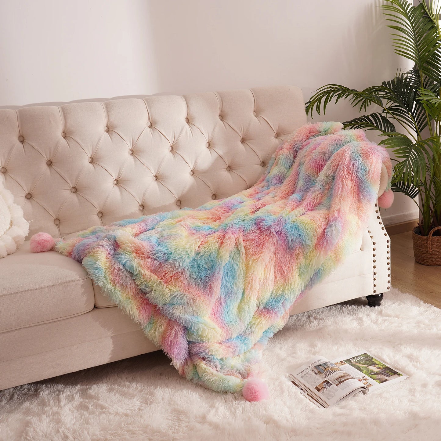 Soft Rainbow Fluffy plush blanket Bedspread bed.