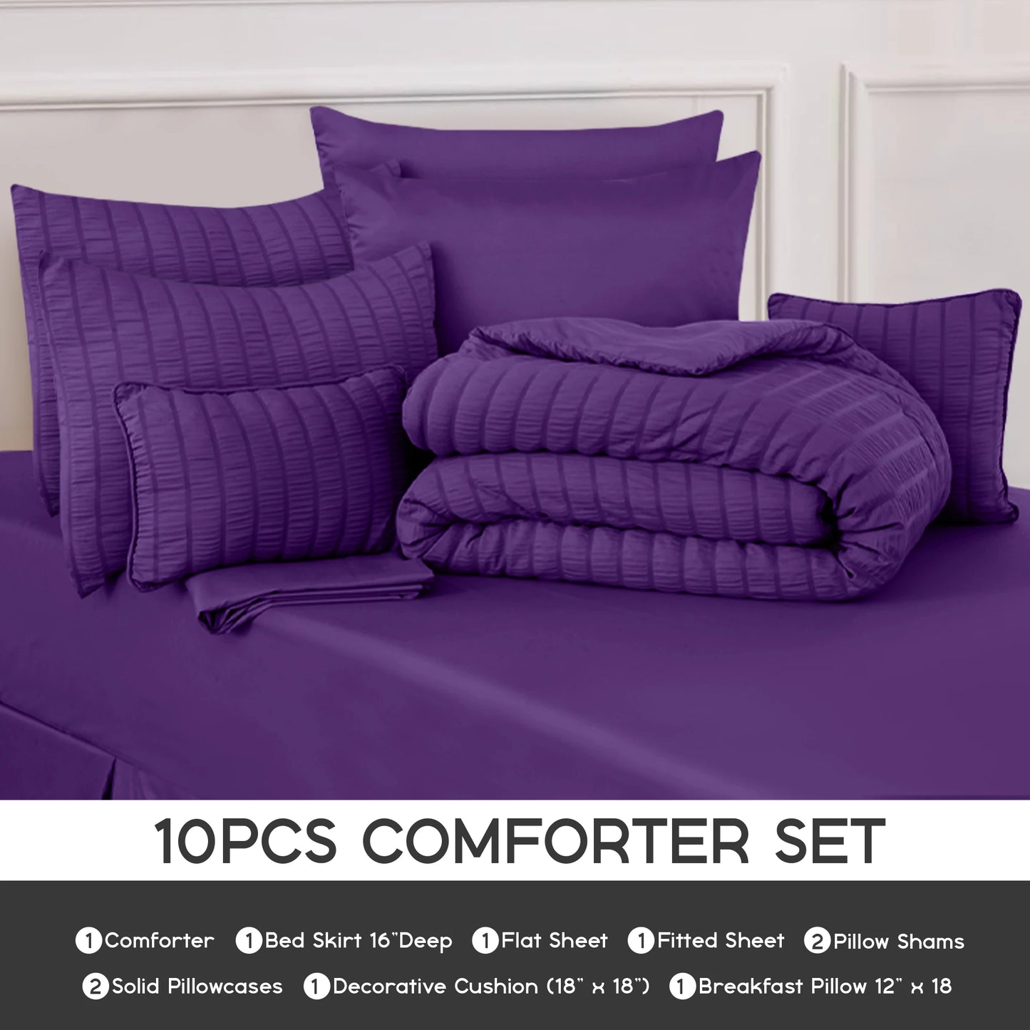 Luxury 10-Piece Comforter Bedding Set .Soft Seersucker Bed in a Bag Collection