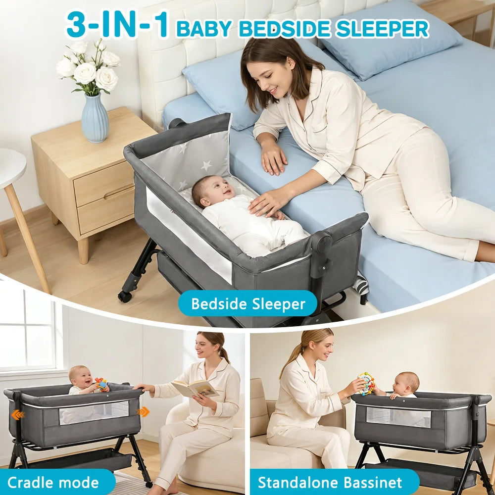 3-in-1 Portable Baby Bassinet & Bedside Sleeper with Storage Shelf and Wheels