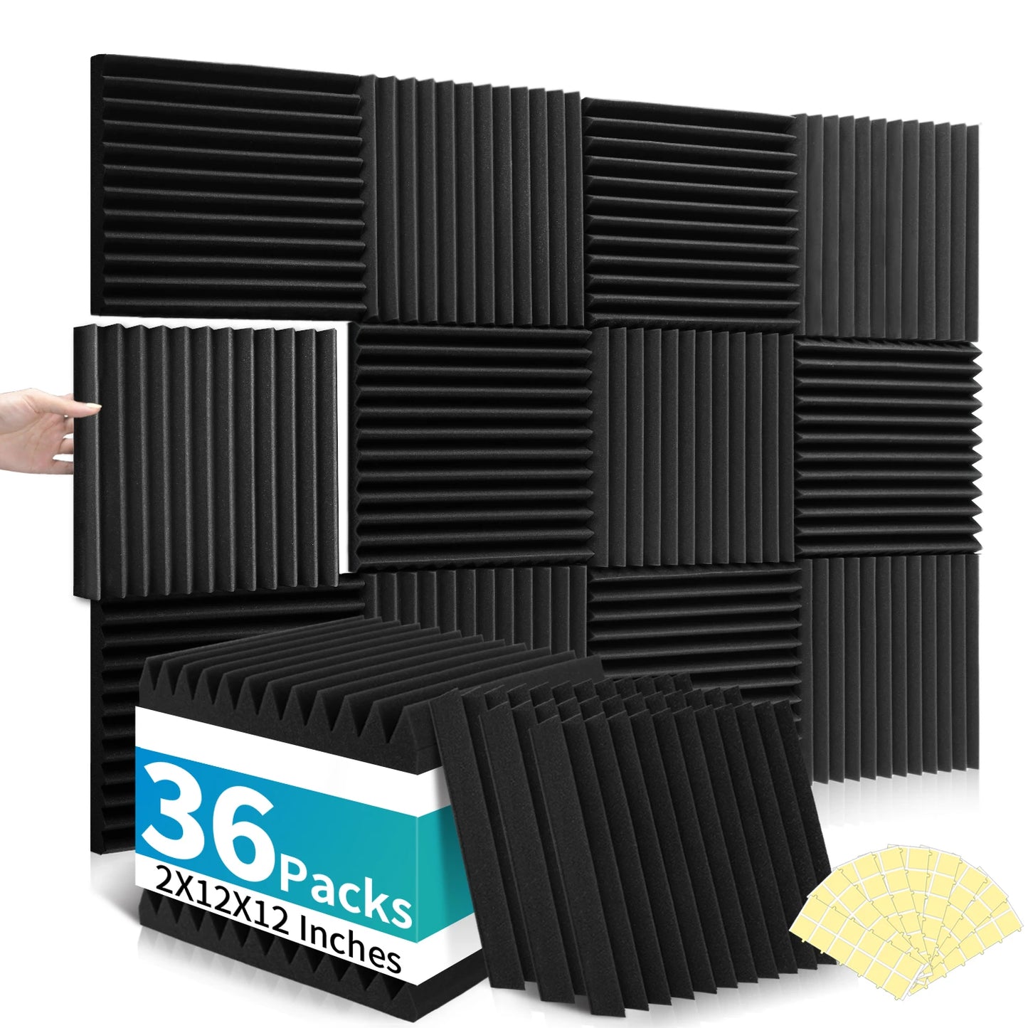 36 Packs Acoustic Foam Panels Wedge 2" X 12" X 12" High Density 22kg/m³ Quick Recovery Sound Proof Acoustic Panels for Wall Home