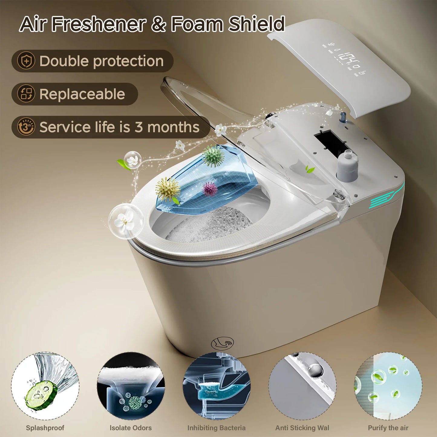 Smart Toilet with Bidet Built In, AUTO Deodorization, ADA Height 17.7", One Piece Heated Toilet with Foam Shield, Voice Control