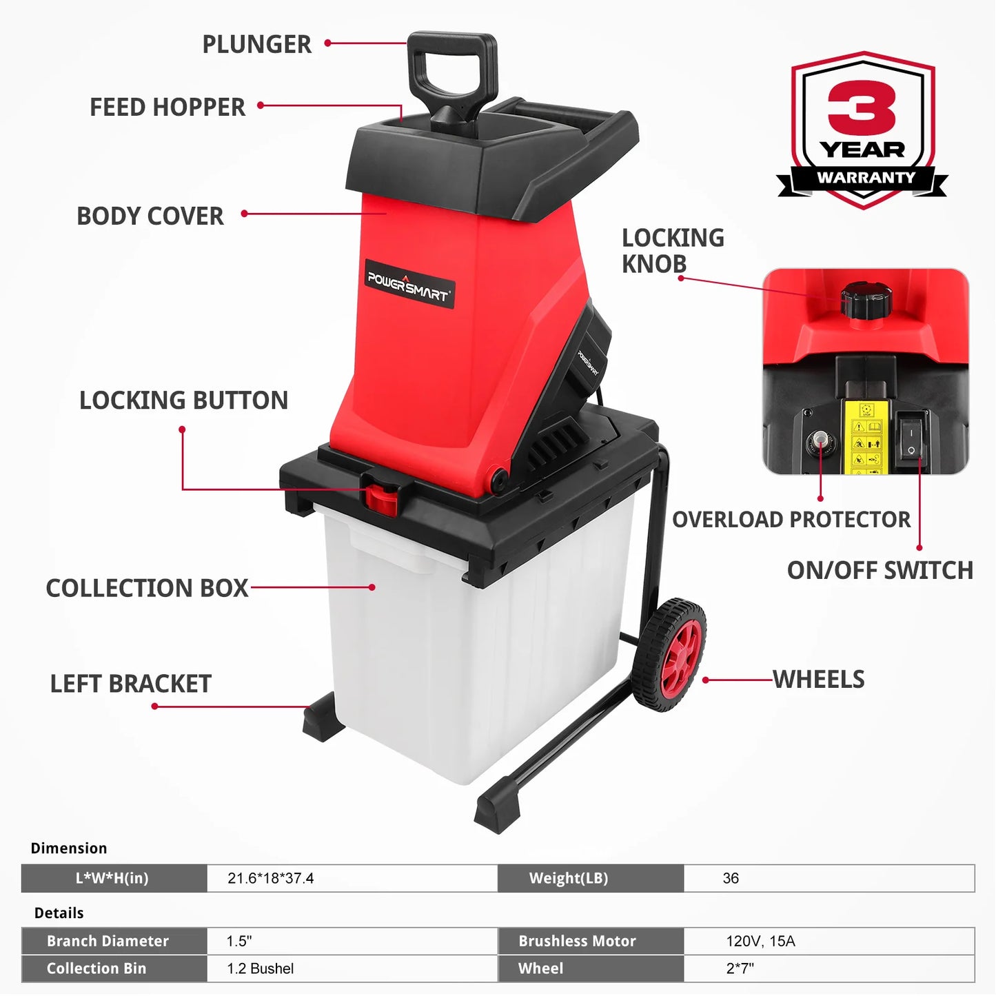 15-Amp Electric Wood Chipper & Leaf Mulcher with Collection Bag