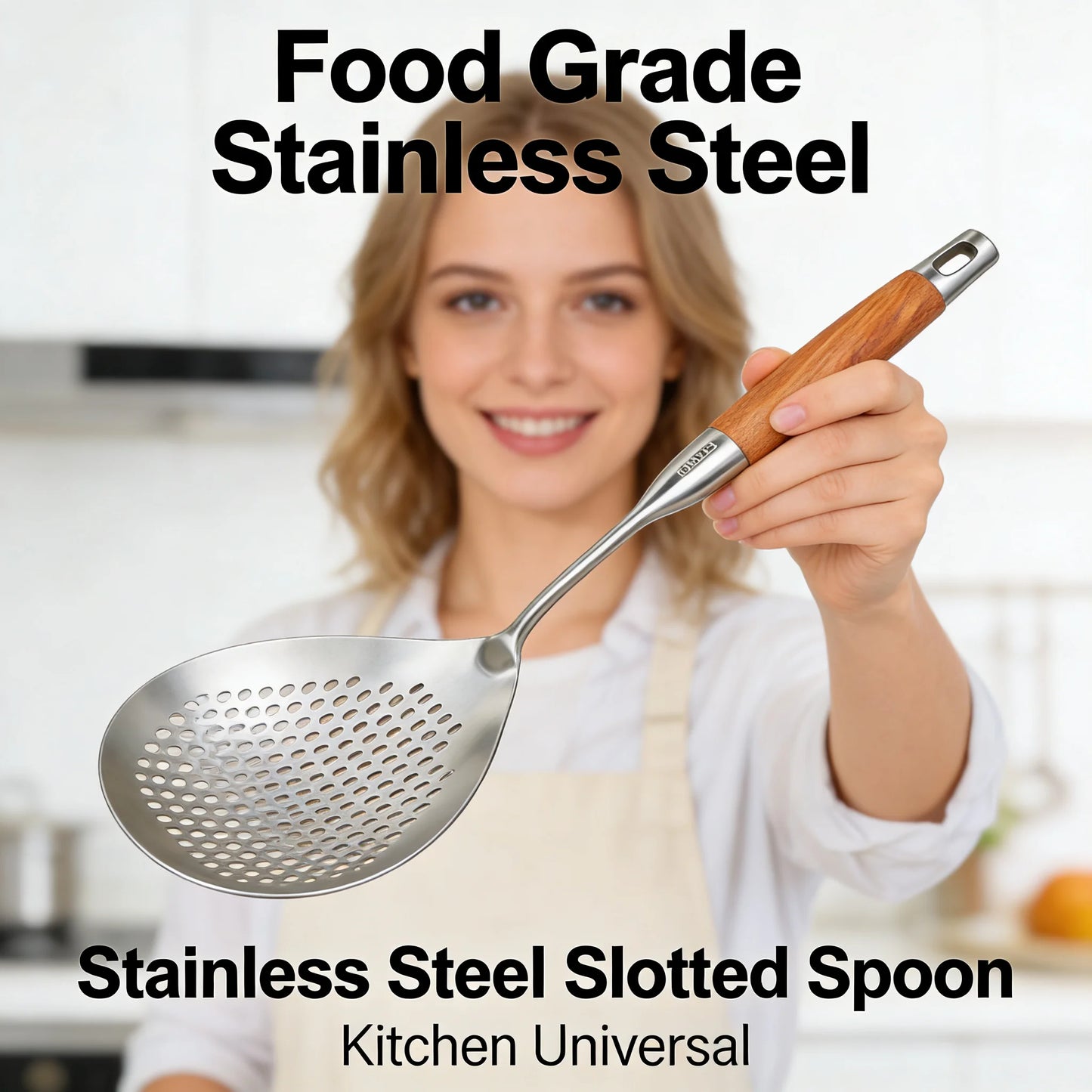 Stainless Steel Slotted Spoon with Wooden Handle Heat Resistant Cooking Utensil