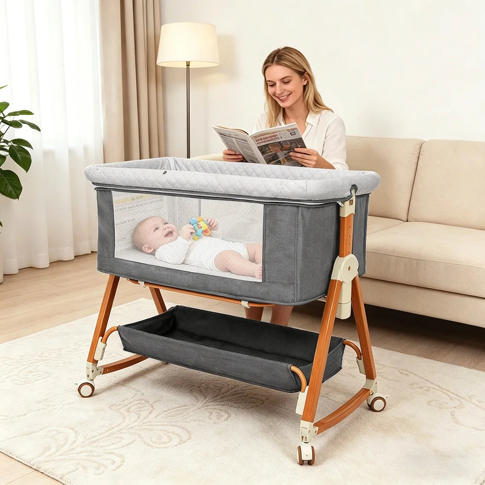 3-in-1 Baby Bedside Sleeper Bassinet with Storage Basket, Adjustable Newborn Co-Sleeper Crib