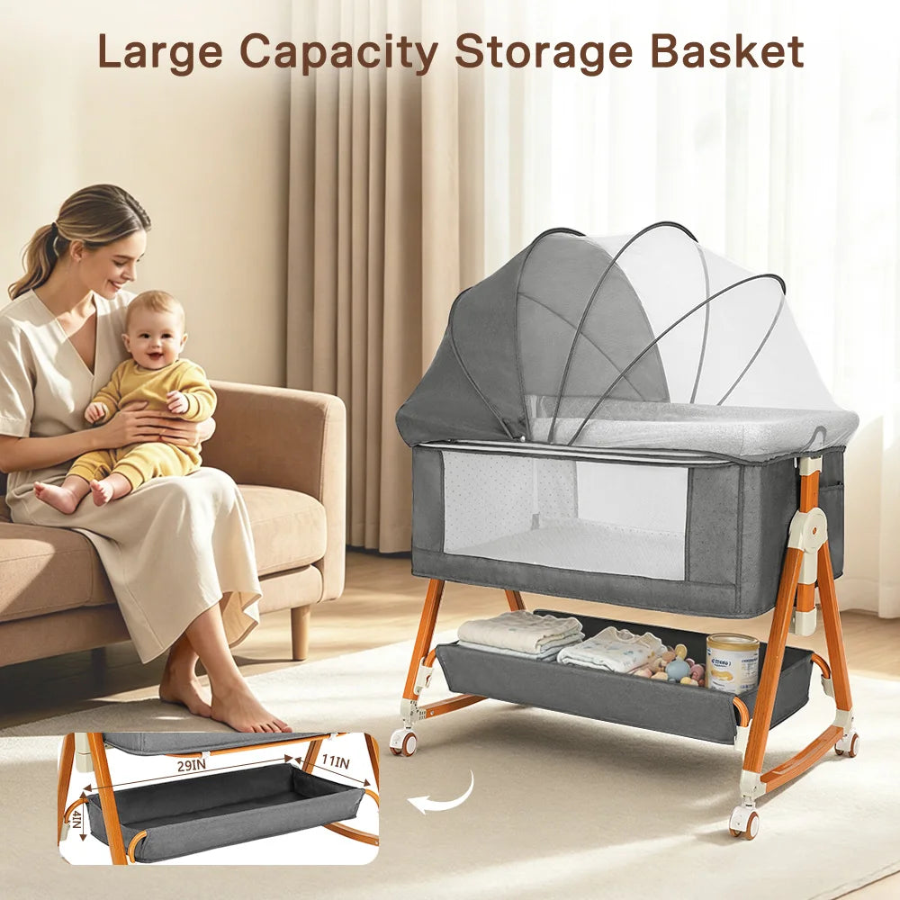 3-in-1 Baby Bedside Sleeper Bassinet with Storage Basket, Adjustable Newborn Co-Sleeper Crib