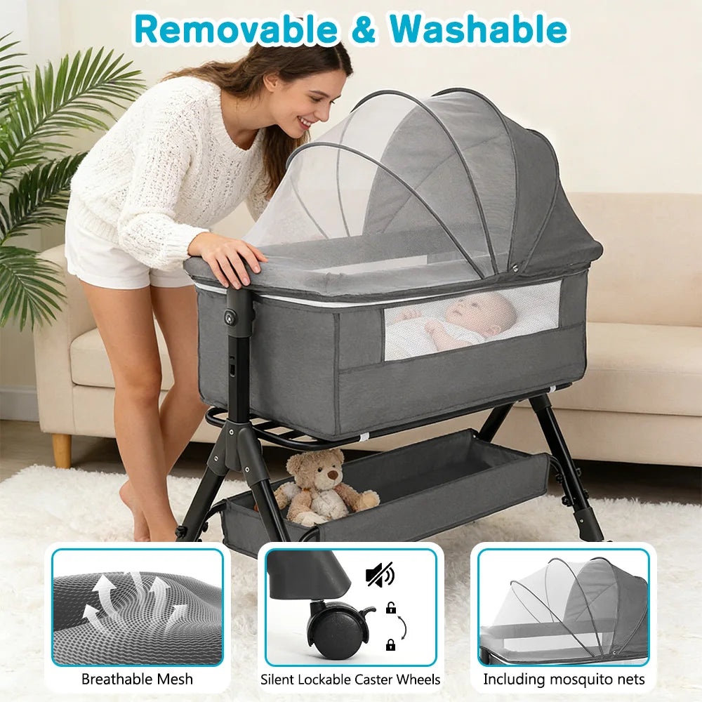 3-in-1 Portable Baby Bassinet & Bedside Sleeper with Storage Shelf and Wheels