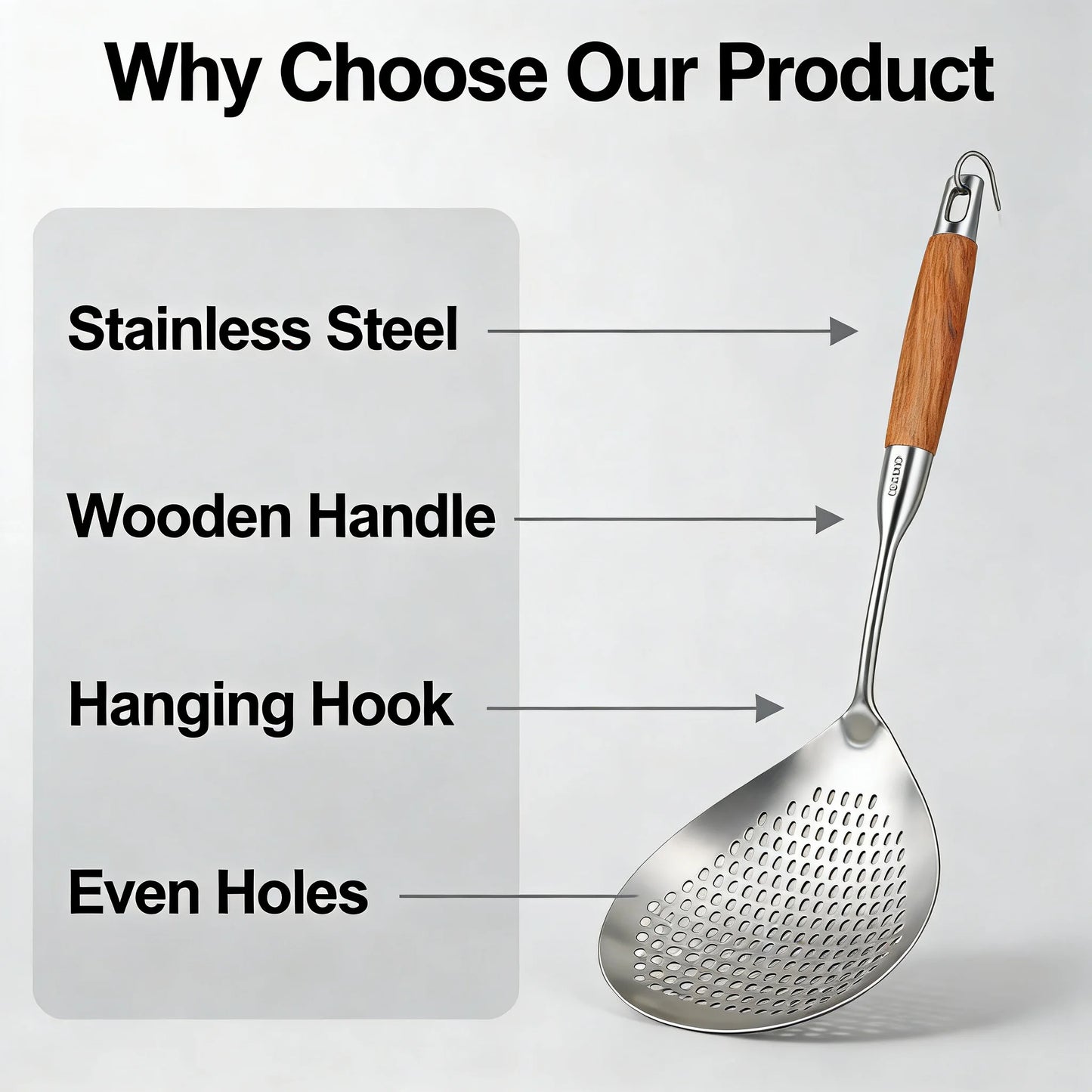 Stainless Steel Slotted Spoon with Wooden Handle Heat Resistant Cooking Utensil