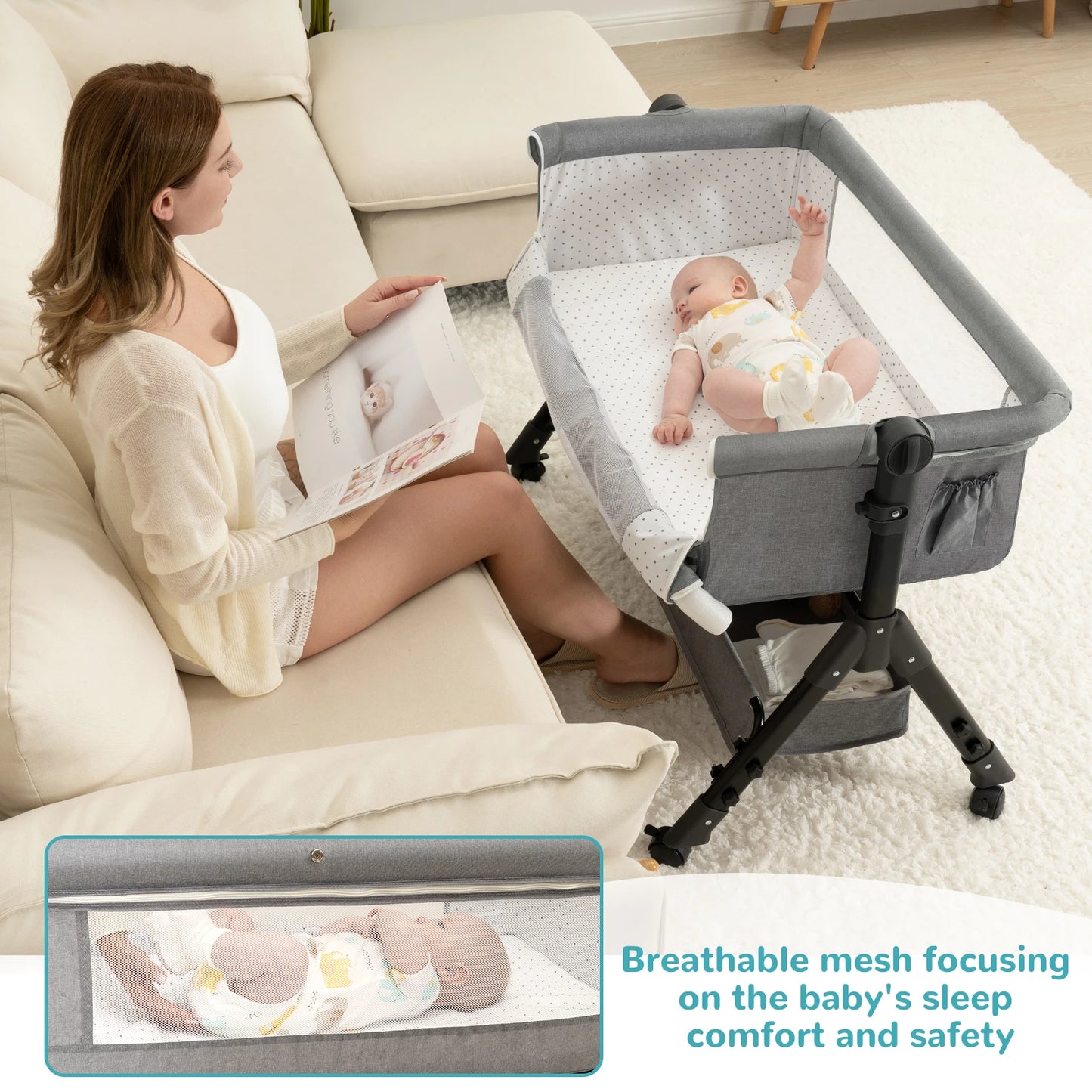 3-in-1 Baby Bassinet Bedside Sleeper with Adjustable Height & Portable Design
