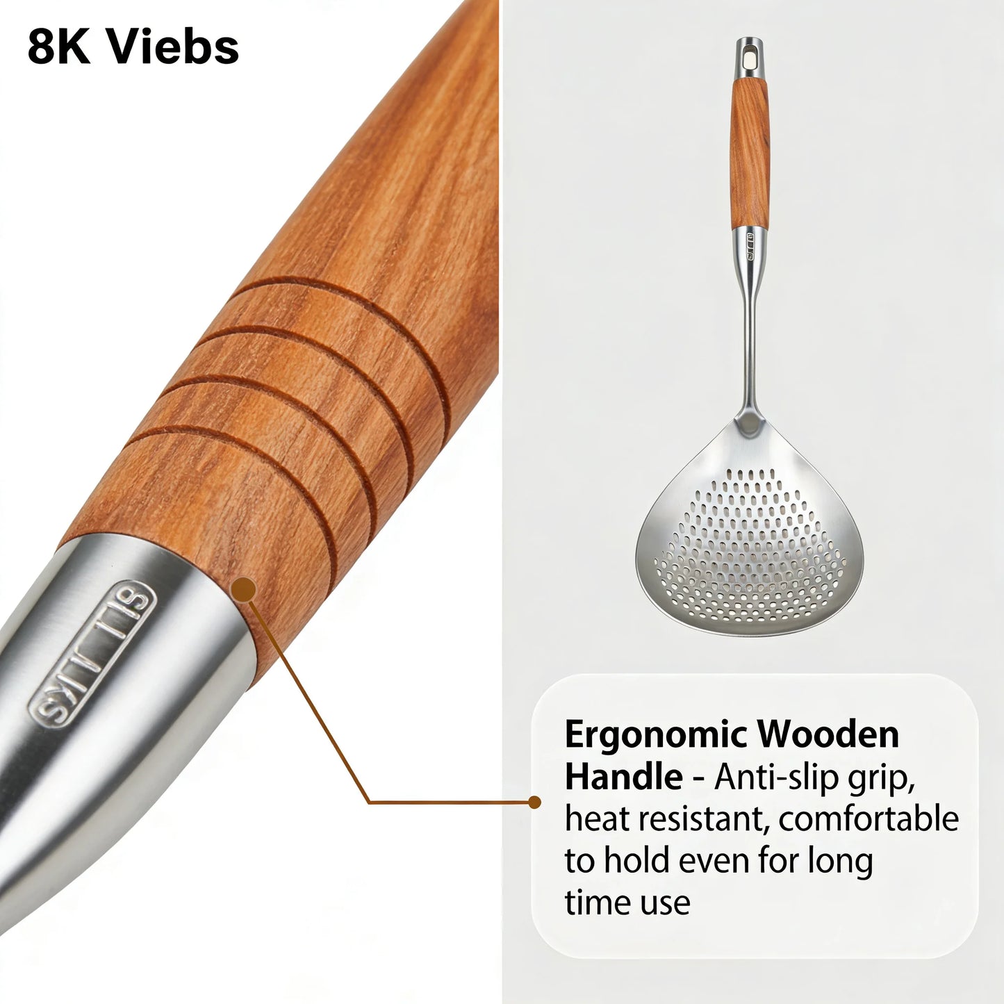 Stainless Steel Slotted Spoon with Wooden Handle Heat Resistant Cooking Utensil