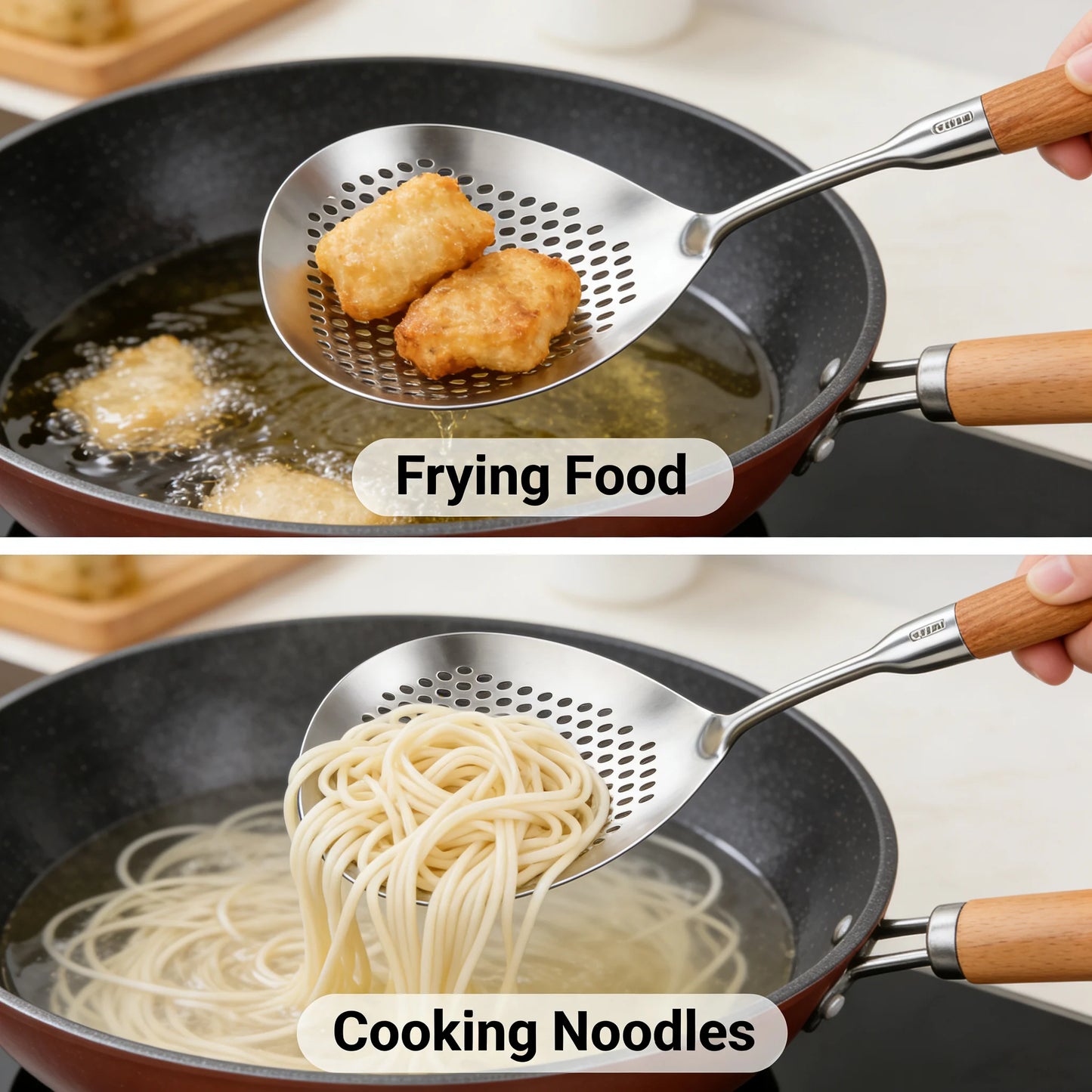 Stainless Steel Slotted Spoon with Wooden Handle Heat Resistant Cooking Utensil