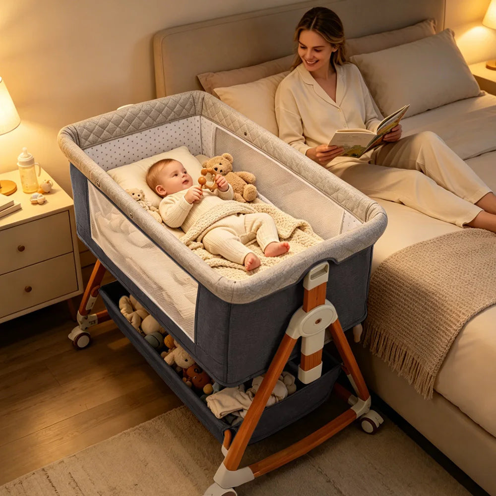 3-in-1 Baby Bedside Sleeper Bassinet with Storage Basket, Adjustable Newborn Co-Sleeper Crib