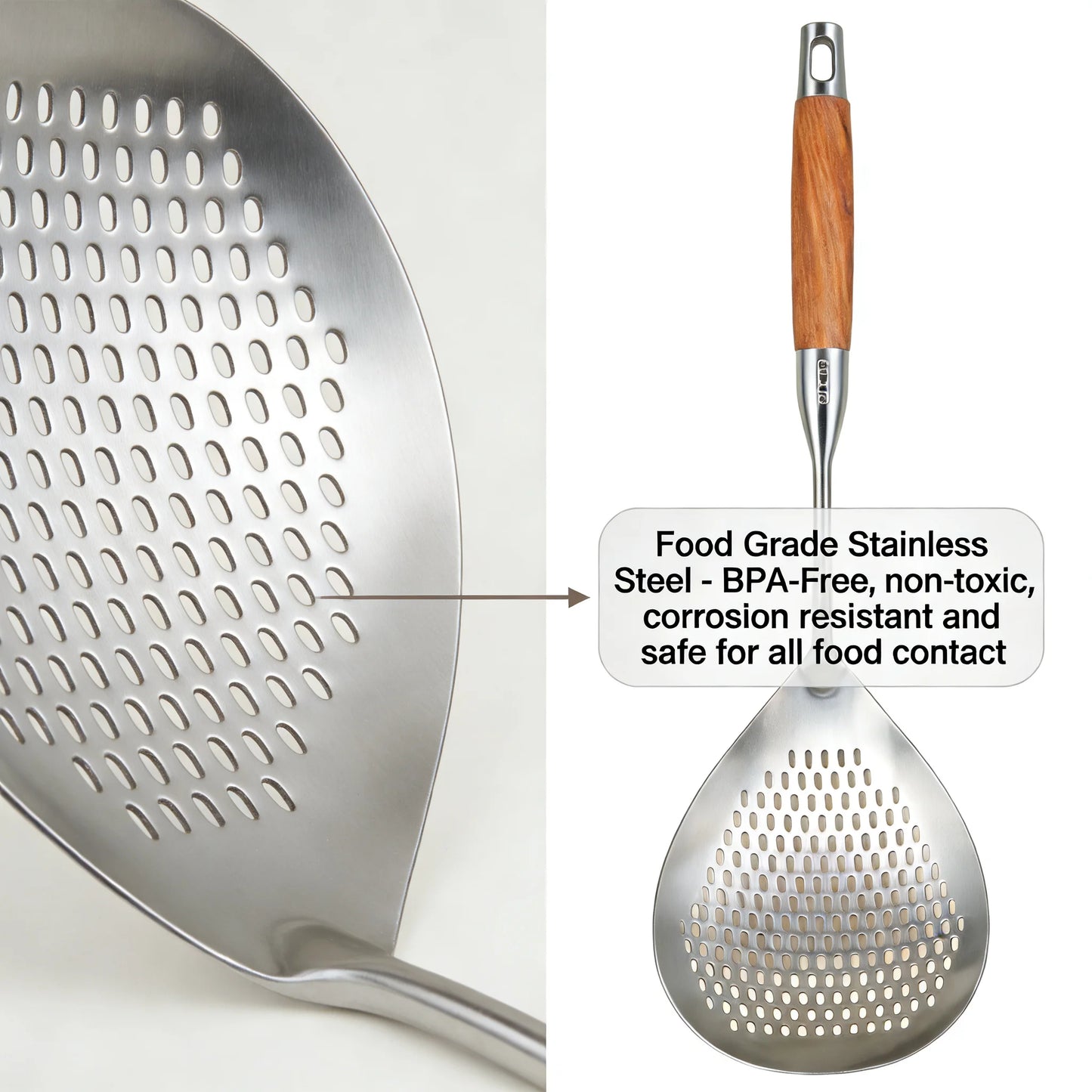 Stainless Steel Slotted Spoon with Wooden Handle Heat Resistant Cooking Utensil