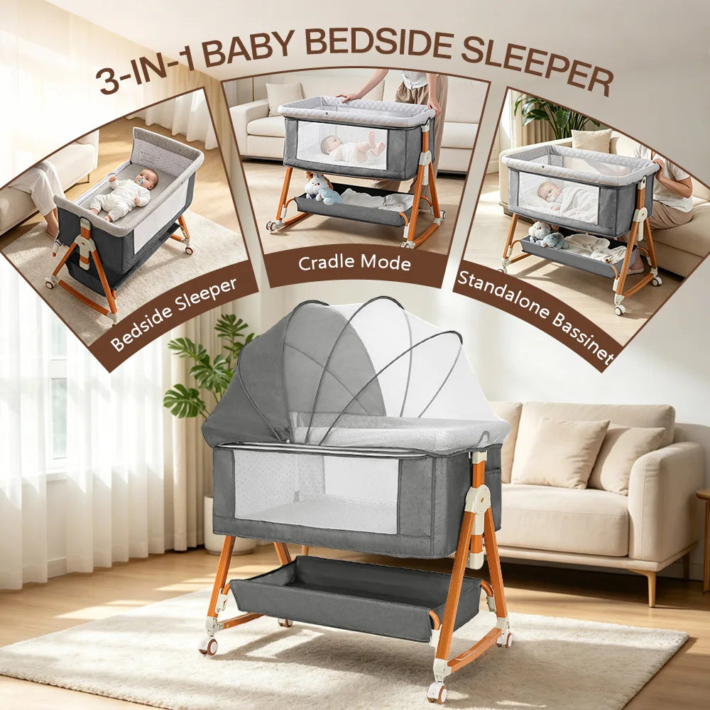 3-in-1 Baby Bedside Sleeper Bassinet with Storage Basket, Adjustable Newborn Co-Sleeper Crib