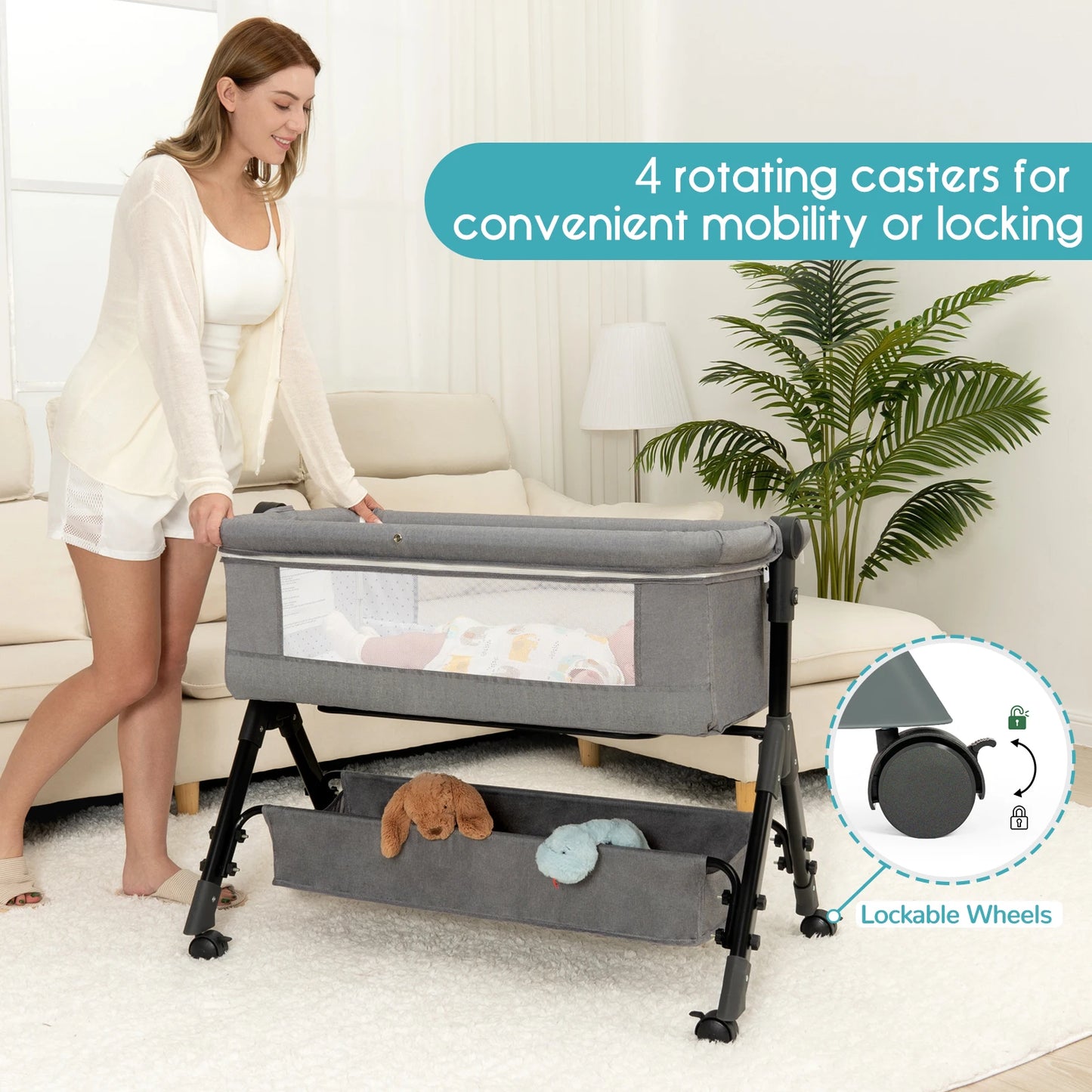 3-in-1 Baby Bassinet Bedside Sleeper with Adjustable Height & Portable Design