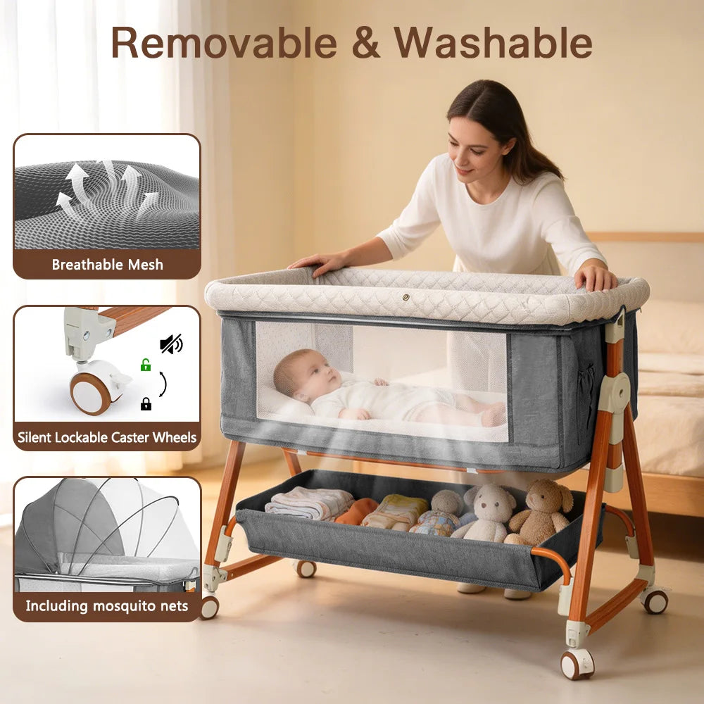 3-in-1 Baby Bedside Sleeper Bassinet with Storage Basket, Adjustable Newborn Co-Sleeper Crib
