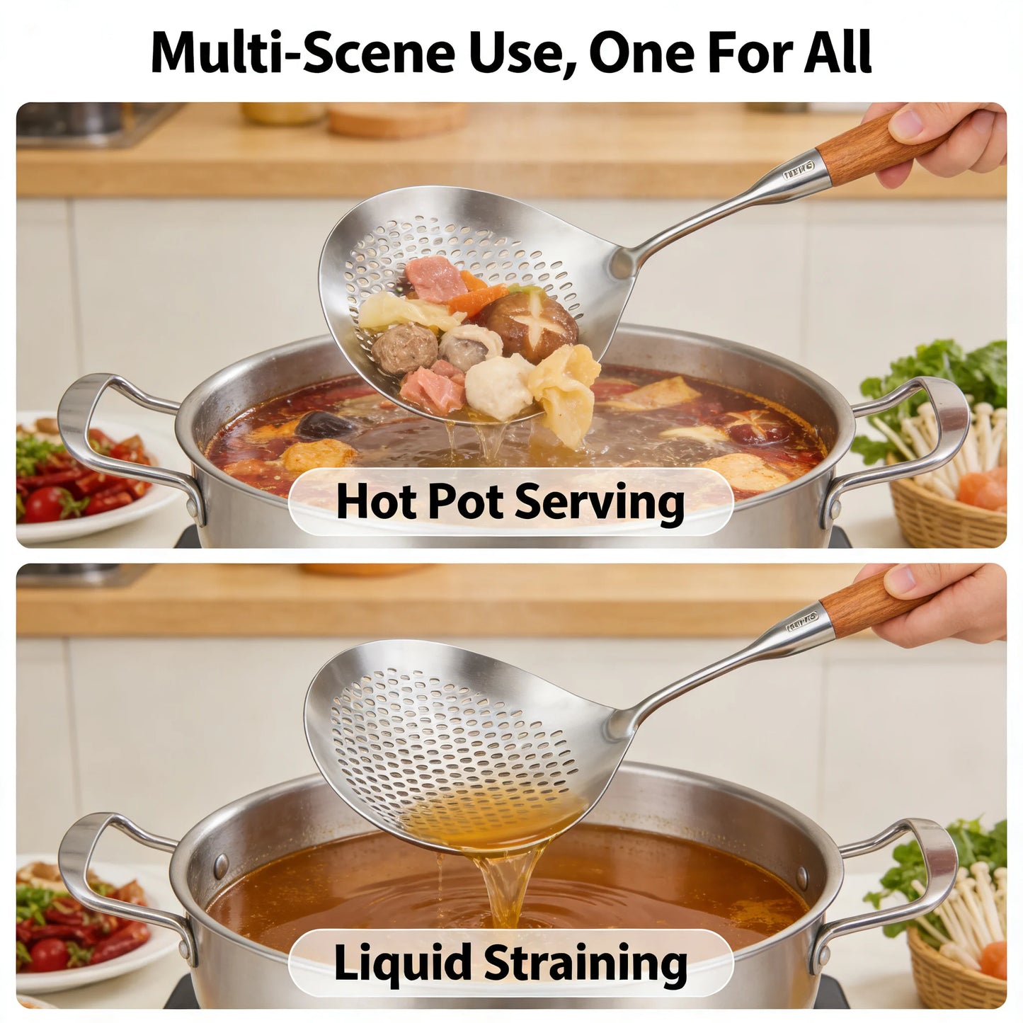 Stainless Steel Slotted Spoon with Wooden Handle Heat Resistant Cooking Utensil