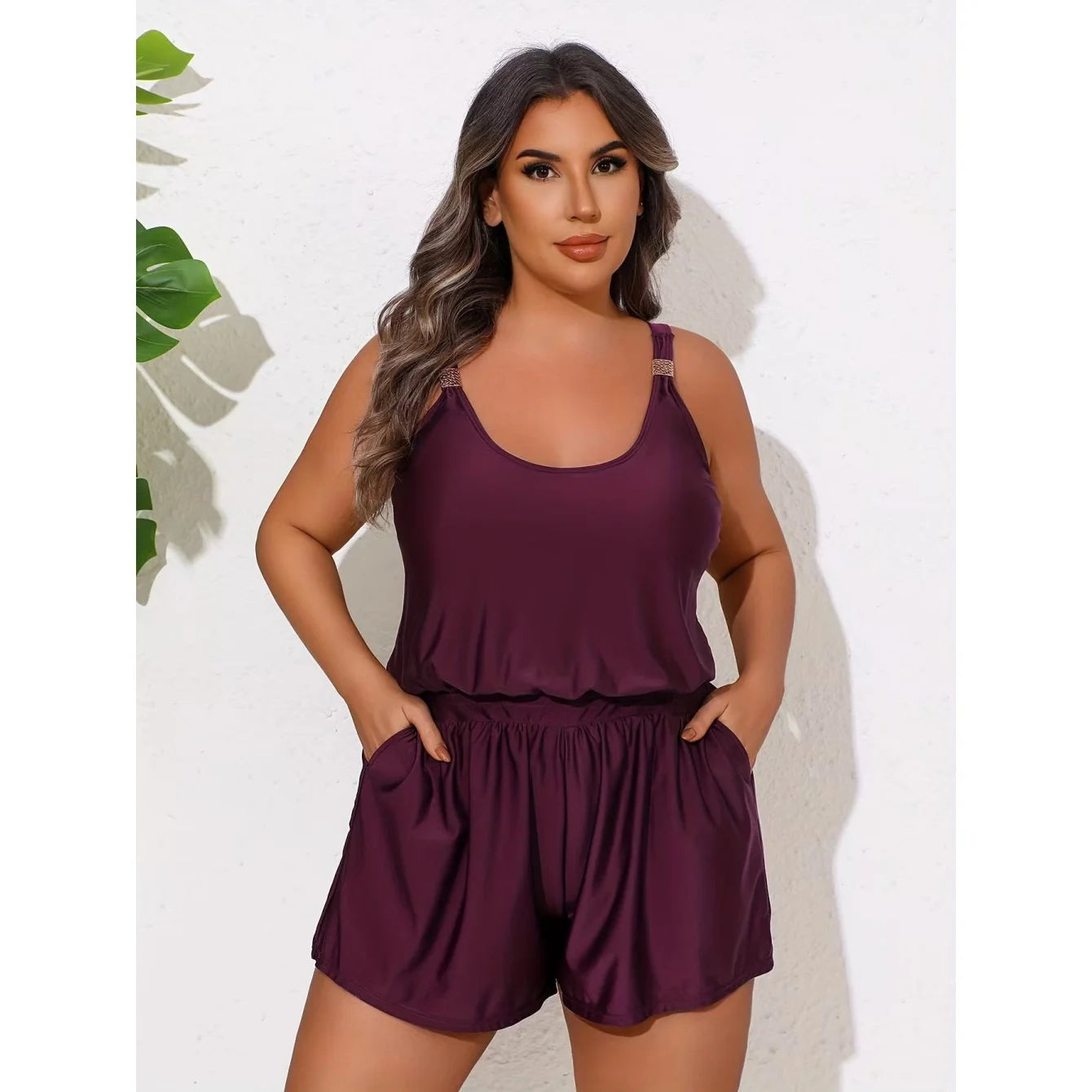 Plus Size One-Piece Romper Swimsuit with Adjustable Straps