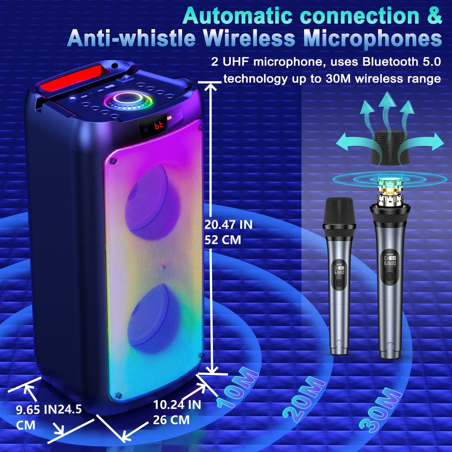 Portable Wireless Bluetooth Karaoke Speaker with 2 Microphones, RGB Lights & Deep Bass Sound System