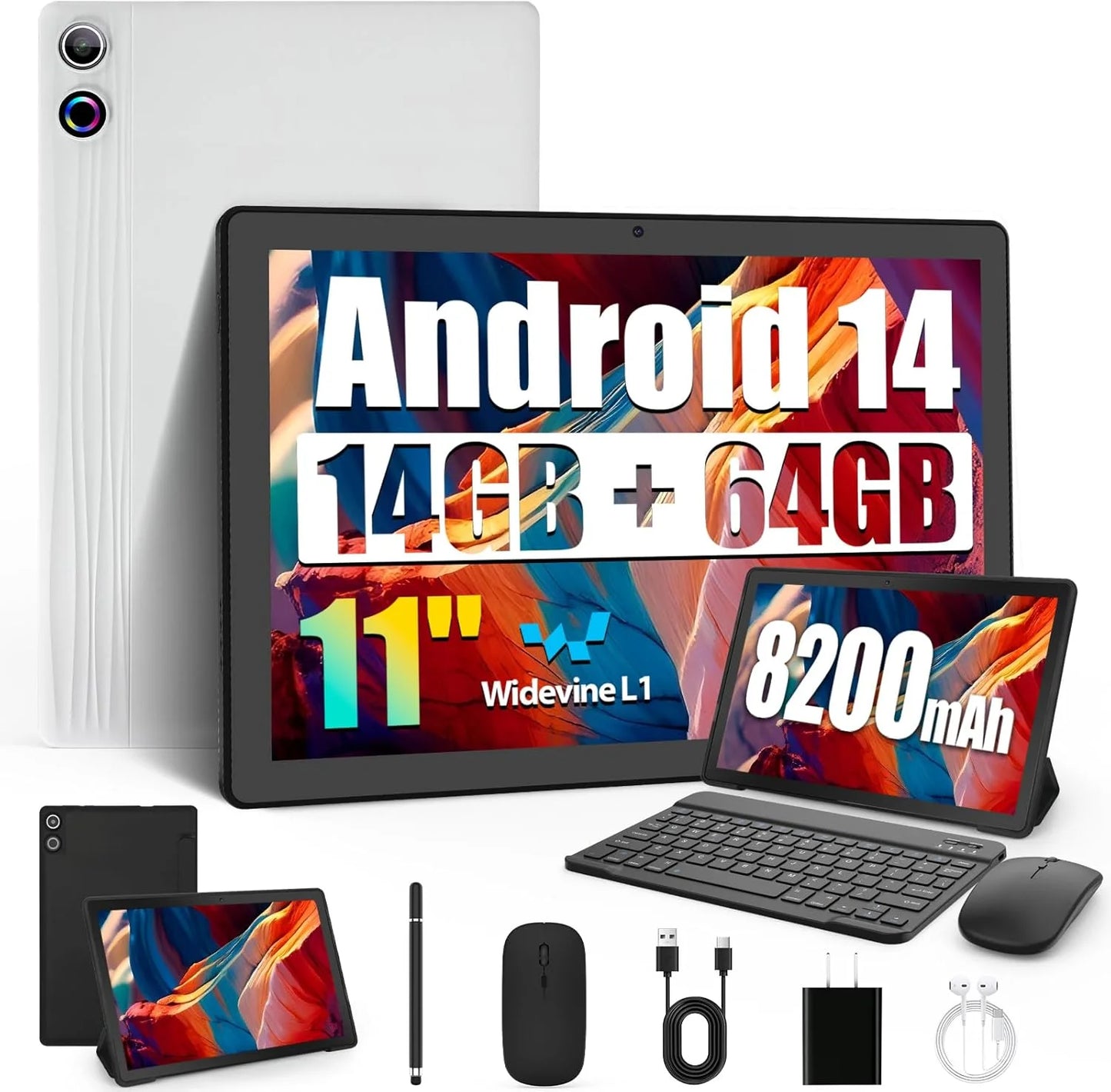 BESTSKI 11 inch Tablet Android 14 Octa-Core, 14GB RAM+64GB ROM (TF 1TB), 8200mAh, Widevine L1, WiFi 6, 8 in 1 Tablet with Set