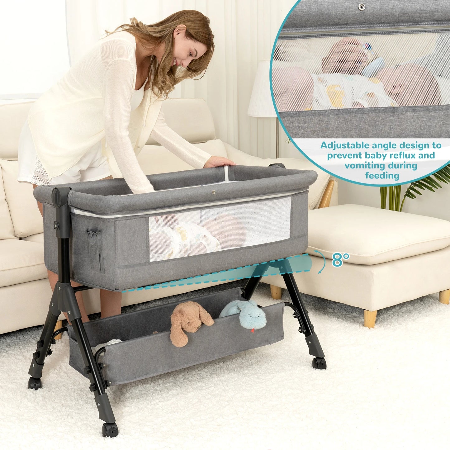 3-in-1 Baby Bassinet Bedside Sleeper with Adjustable Height & Portable Design