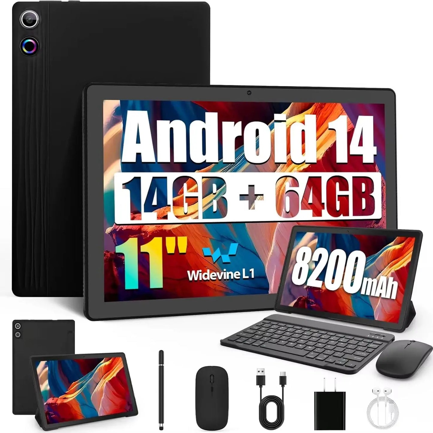 BESTSKI 11 inch Tablet Android 14 Octa-Core, 14GB RAM+64GB ROM (TF 1TB), 8200mAh, Widevine L1, WiFi 6, 8 in 1 Tablet with Set