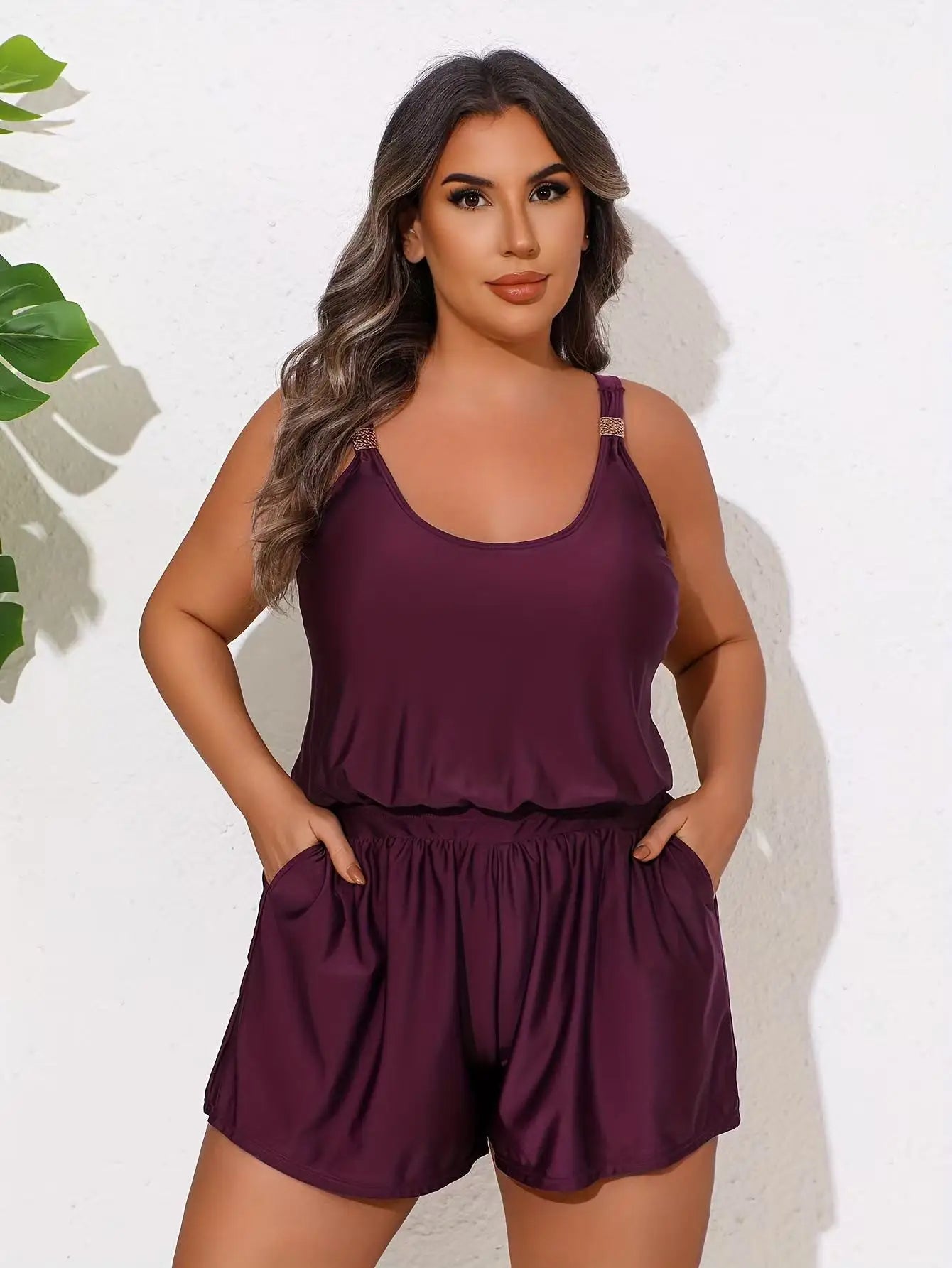 Plus Size One-Piece Romper Swimsuit with Adjustable Straps