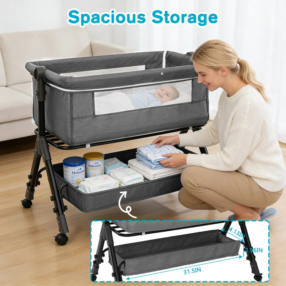 3-in-1 Portable Baby Bassinet & Bedside Sleeper with Storage Shelf and Wheels