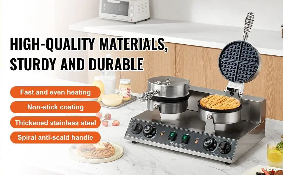 Commercial Waffle Maker Double Head Waffle Iron Machine 110V 2460W Nonstick Muffins Baking Machine, Adjustable Temperature