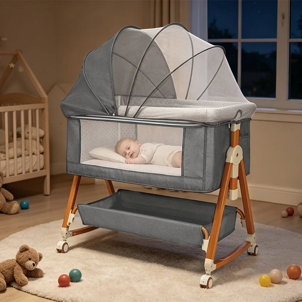 3-in-1 Baby Bedside Sleeper Bassinet with Storage Basket, Adjustable Newborn Co-Sleeper Crib
