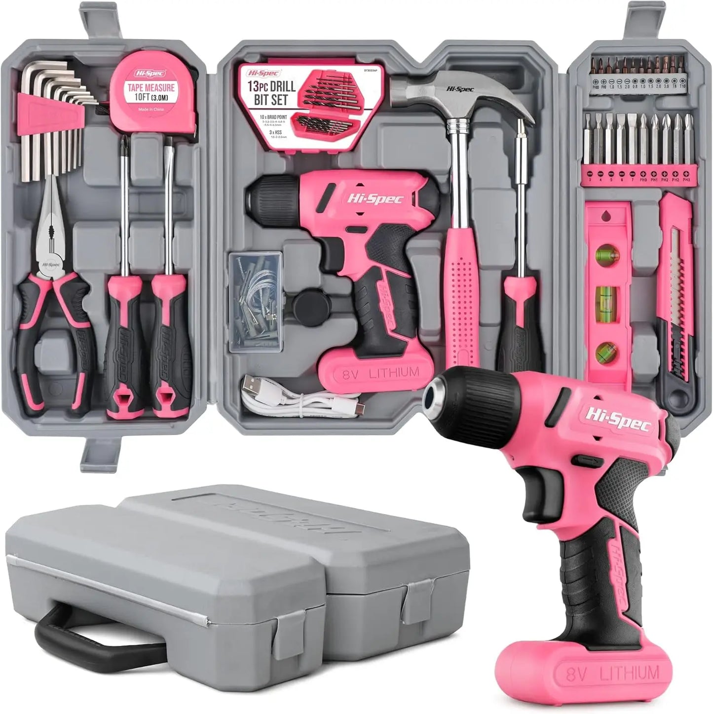 Hi-Spec Drill Set 58pc Pink Tool Set 8V USB Electric Drill Driver & Household Tool Kit.